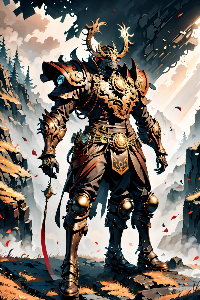  giant Taurean ， wearing tribal armor，Holding a giant axe，Red eyed ， background in the forest ，( best quality,  detailed background,  high resolution , Ridiculous, Exposure to light)
