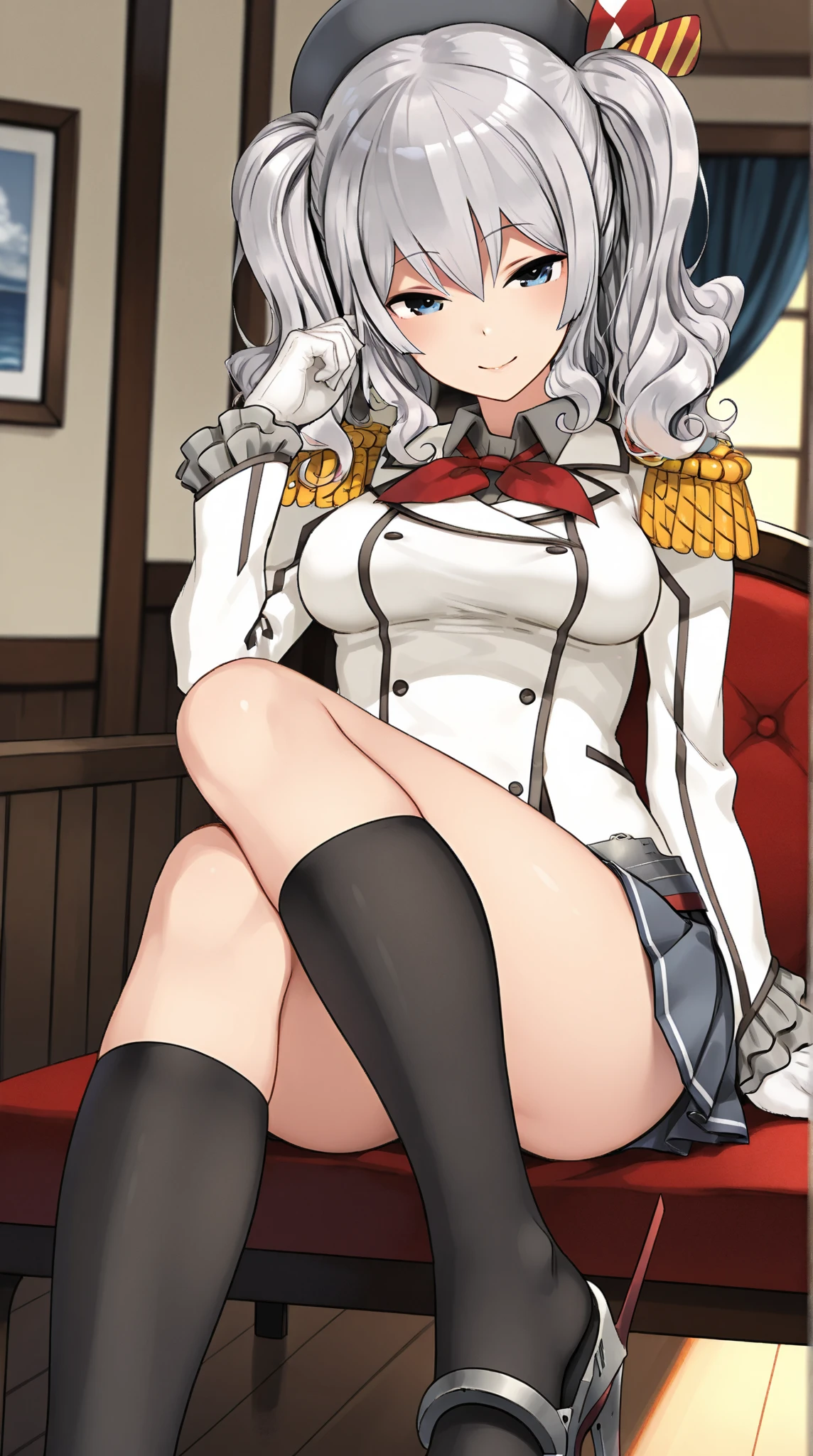  Young Beautiful Woman,(masterpiece:1.3, top quality :1.3, very detailed depiction:1.3, incredible high resolution:1.3,Beautiful legs, healthy legs,Curvaceous Body,High quality anime drawings),(Kashima/( kancolle /):1.2), pleated skirt, black knee-high socks, blue eyes,loosely wavy silver hair , black beret,Outfit , twin tails, white formal uniform with epaulettes,Bewitching Smile,Seductive gestures