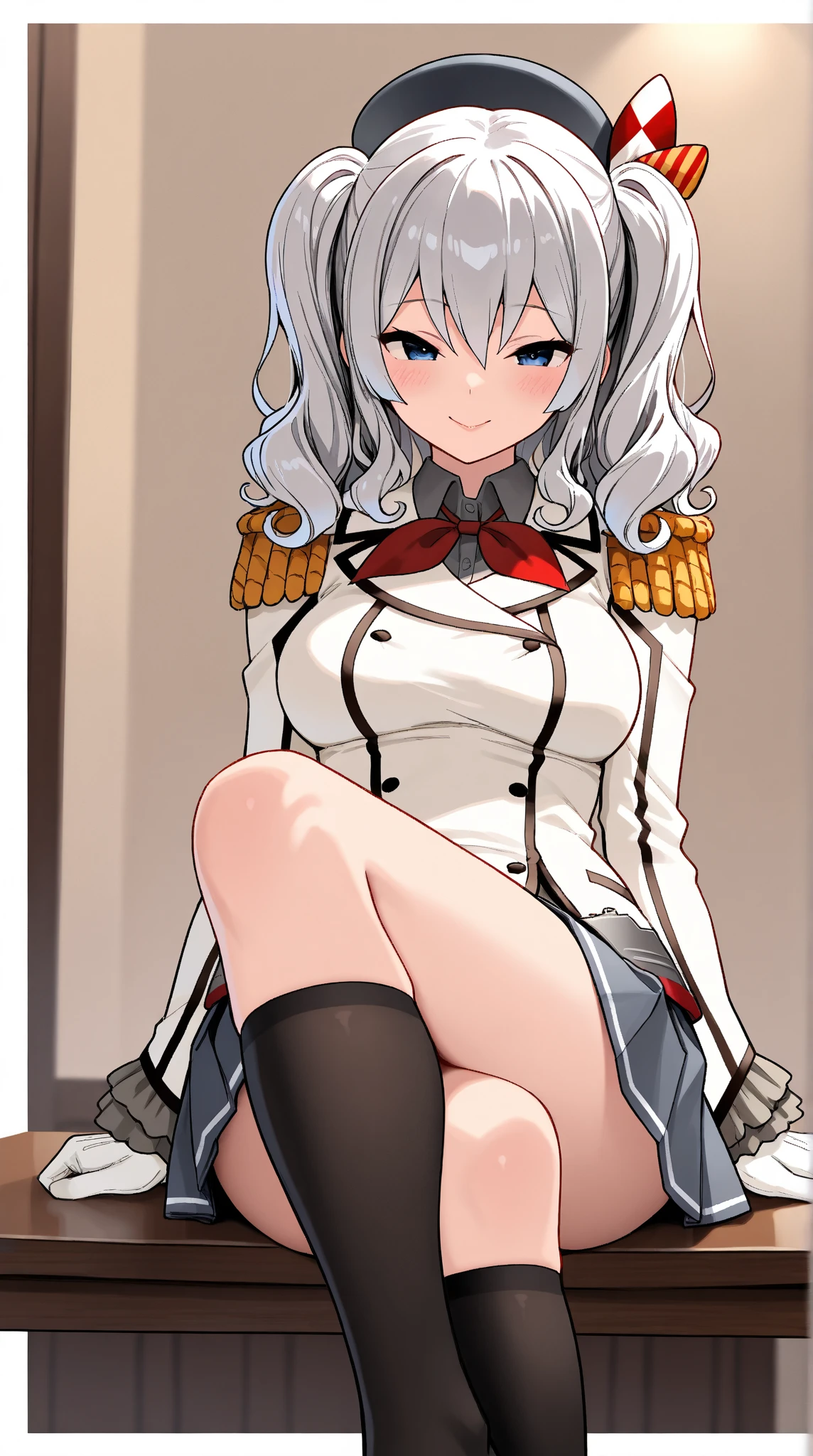  Young Beautiful Woman,(masterpiece:1.3, top quality :1.3, very detailed depiction:1.3, incredible high resolution:1.3,Beautiful legs, healthy legs,Curvaceous Body,High quality anime drawings),(Kashima/( kancolle /):1.2), pleated skirt, black knee-high socks, blue eyes,loosely wavy silver hair , black beret,Outfit , twin tails, white formal uniform with epaulettes,Bewitching Smile,Seductive gestures