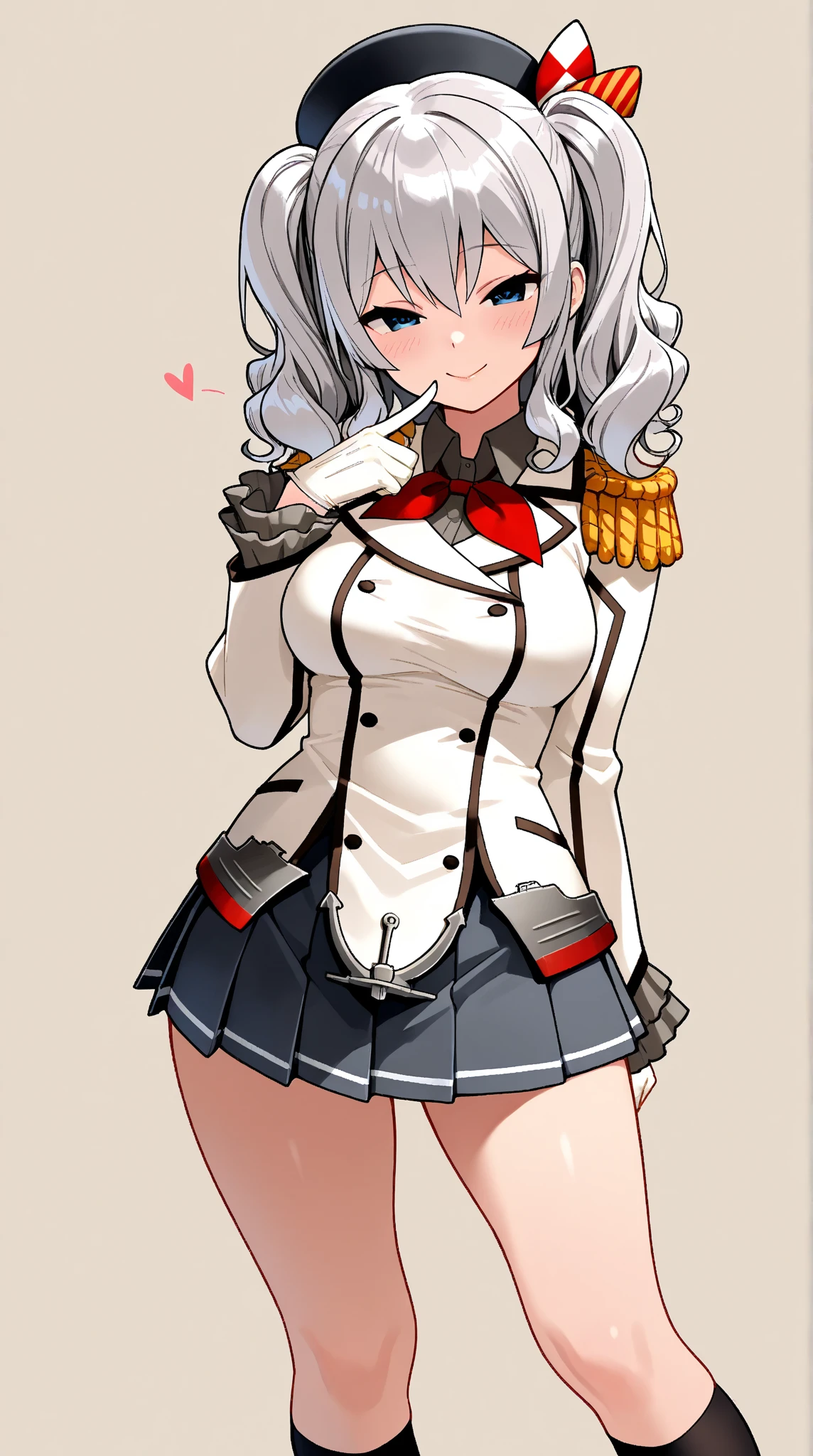  Young Beautiful Woman,(masterpiece:1.3, top quality :1.3, very detailed depiction:1.3, incredible high resolution:1.3,Beautiful legs, healthy legs,Curvaceous Body,High quality anime drawings),(Kashima/( kancolle /):1.2), pleated skirt, black knee-high socks, blue eyes,loosely wavy silver hair , black beret,Outfit , twin tails, white formal uniform with epaulettes,Bewitching Smile,Seductive gestures