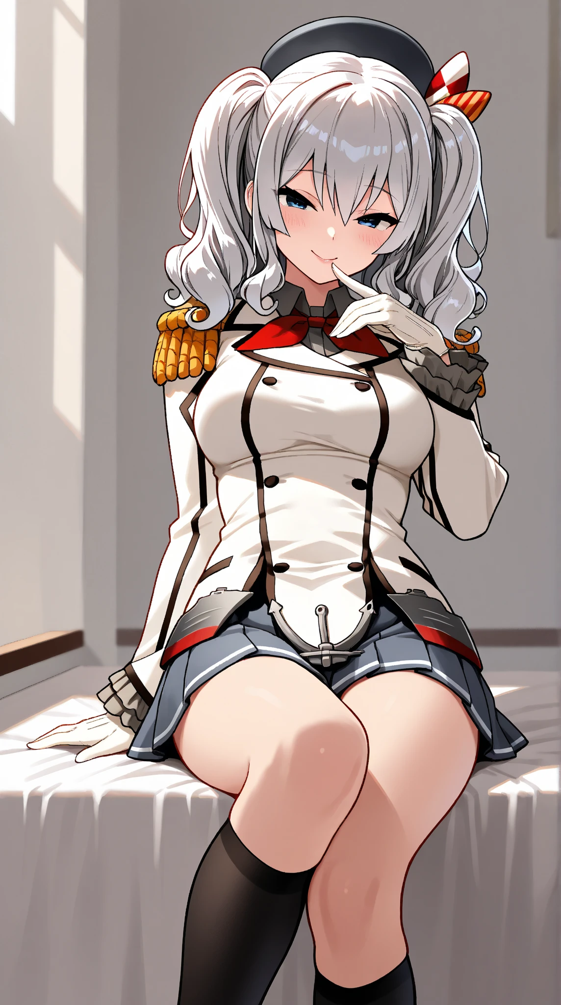  Young Beautiful Woman,(masterpiece:1.3, top quality :1.3, very detailed depiction:1.3, incredible high resolution:1.3,Beautiful legs, healthy legs,Curvaceous Body,High quality anime drawings),(Kashima/( kancolle /):1.2), pleated skirt, black knee-high socks, blue eyes,loosely wavy silver hair , black beret,Outfit , twin tails, white formal uniform with epaulettes,Bewitching Smile,Seductive gestures