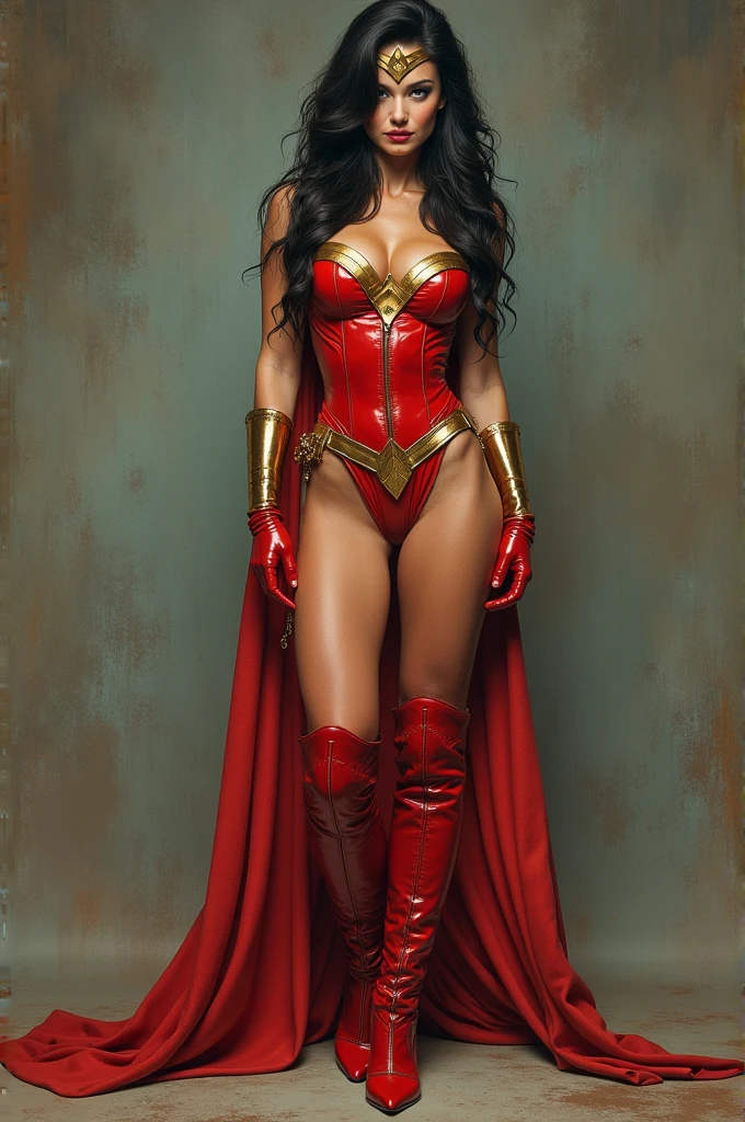 A SEXY BUSTY TEEN FEMALE WEARING A 1970'S OPEN BUTTONLESS FULL LENGTH BLUE PEASANT BLOUSE WITH A SMALL "SUPERMAN" EMBLEM ON THE RIGHT SIDE OF HER CHEST, A PAIR OF RED SHORTS WITH A YELLOW BELT, TALL RED HEELED BOOTS, AND A LONG FLOWING RED CAPE.
