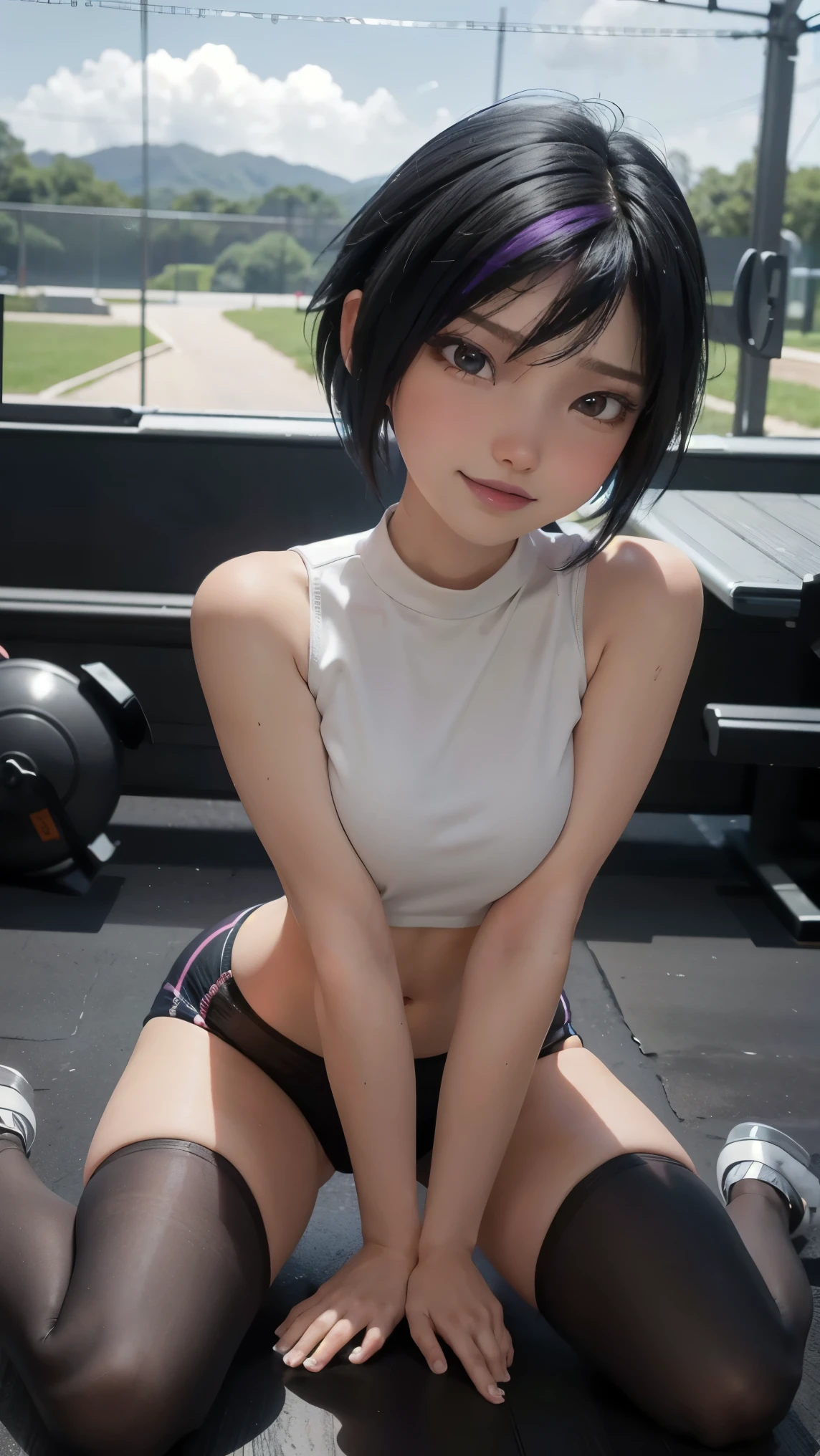 Gogo tomago,(best qualityer,4K,8k,high resolution,work of art:1.2)(weather: cloudy), Mondstadt town background, gym, gym equipment, cropped sport top, sweat wrist bands, tight sport leggings, sneakers, cheek mole, short wavy hair, black hair with purple highlight, ultra detailed, realistic, portrait,beautiful detailed brown eyes, glowing eyes,blush,beautiful detailed lips,extremely detailed eye and face, long eyelashes,sexy,average, medium breasts,beaming smile, flirty smile, powerful girl, stretching pose, stunning curves, bright coloured, dramatic lighting, sweating,