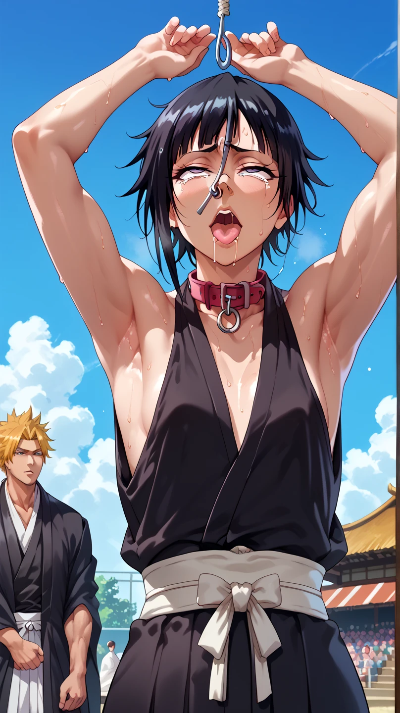 a picture, inspired by Kentaro Miura, trending on pixiv, soifon from bleach, black uniform, favorite scene, fine details, skins, sweating, small breasts, both hands raised, armpits, (small head),armpits visible, dripping with sweat, more more sweat, ((Japanese clothes)),open mouth,rolling eyes,muscle,kneel down,open legs,For the audience, (muscle:1.2),Looking at the audience, tired, (small breasts),sexy body,perfect body,(drooling), tears, head wet, runny nose, black hair, dog collar,transparent nose hook.