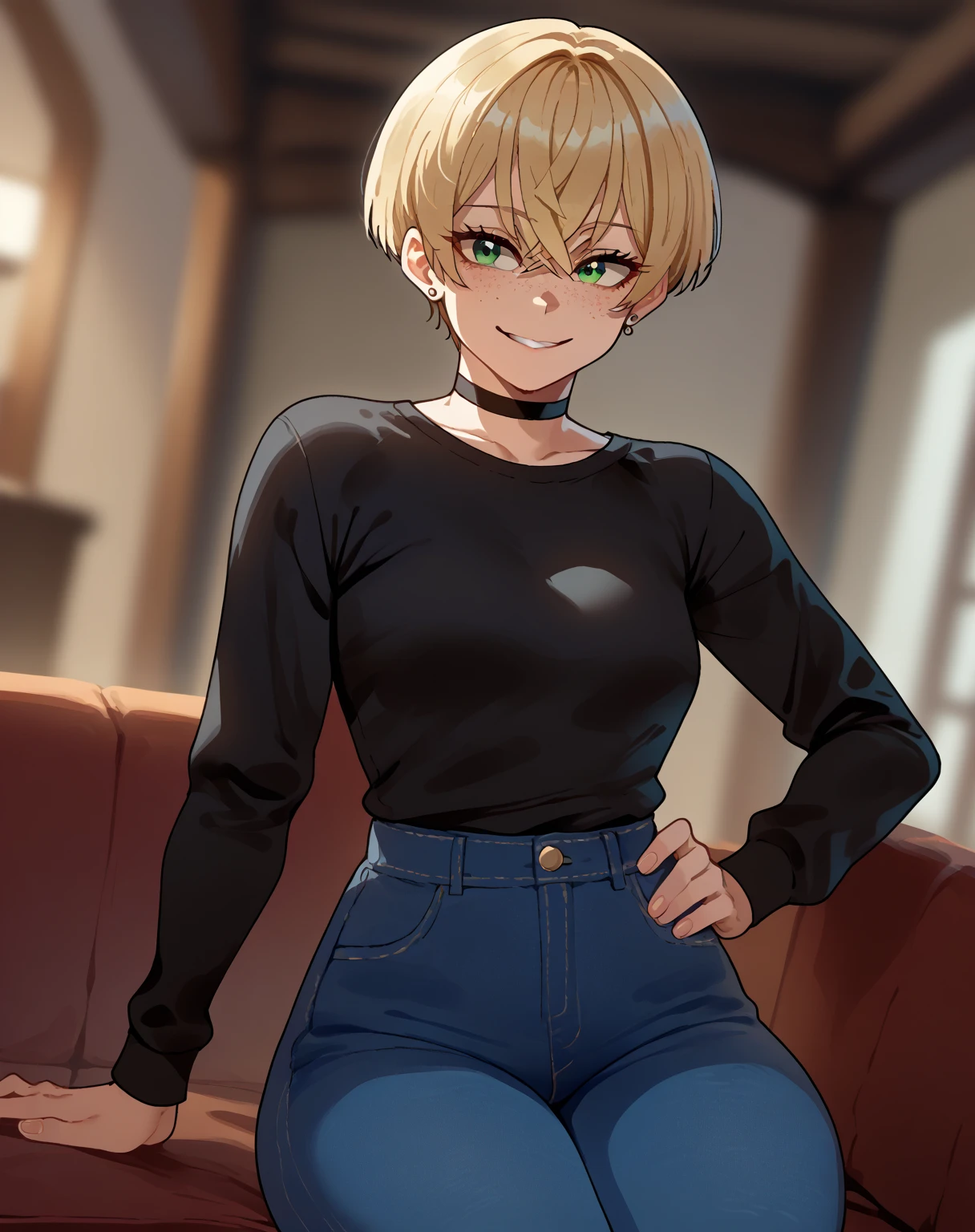 score_9, score_8_up, score_7_up, score_6_up, score_5_up, score_4_up, source_anime, rating_safe, nyantcha style, three quarter view, 1girl, teenager, green eyes, blonde hair, crossed bangs, short hair, pixie cut, freckles, big breasts, thick thighs, eyelashes, aegyo sal, hand on hip, stud earrings, black shirt, long sleeves, choker, denim pants, looking at viewer, light smile, indoors, blurry background, warm lighting, sitting, upper body, dutch angle
