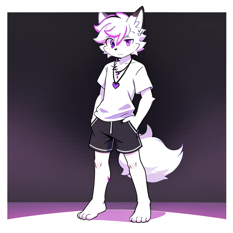  A hairy age fox and him being a man with white fur having bright purple eyes in neon and having legs and being thin and tall and with a scar on one eye    ,      having short male hair      ,  and wearing a purple heart necklace and wearing a white shirt and wearing black shorts and he's barefoot and he's got paws and he's not with his hands in his pockets and on a white background with a black border and he's standing on this background and he's alone 