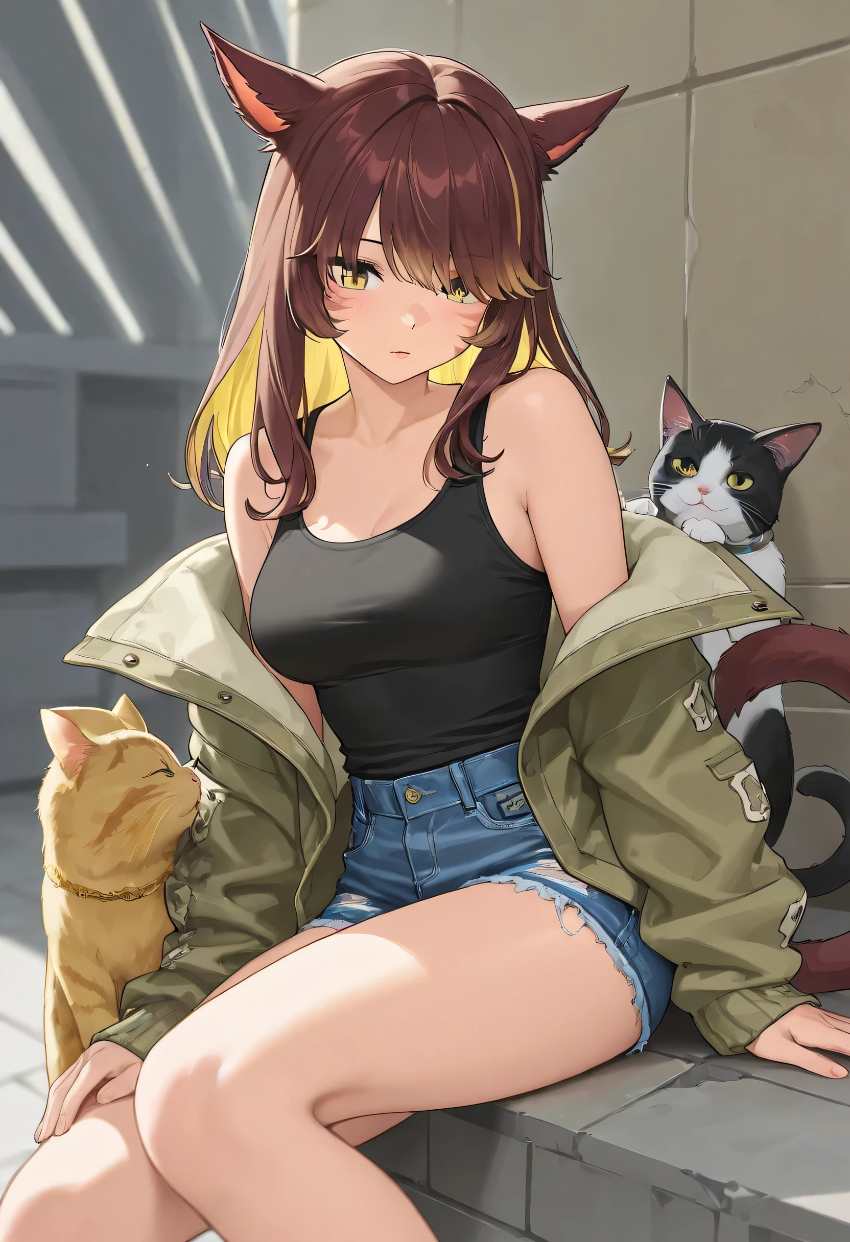 masterpiece,1girl, colored inner hair Brown hair Yellow hair, cat_ears, , inner tank top, jacket ,Hair on one eye, Long hair tips, Miqo'te, damage short denim 