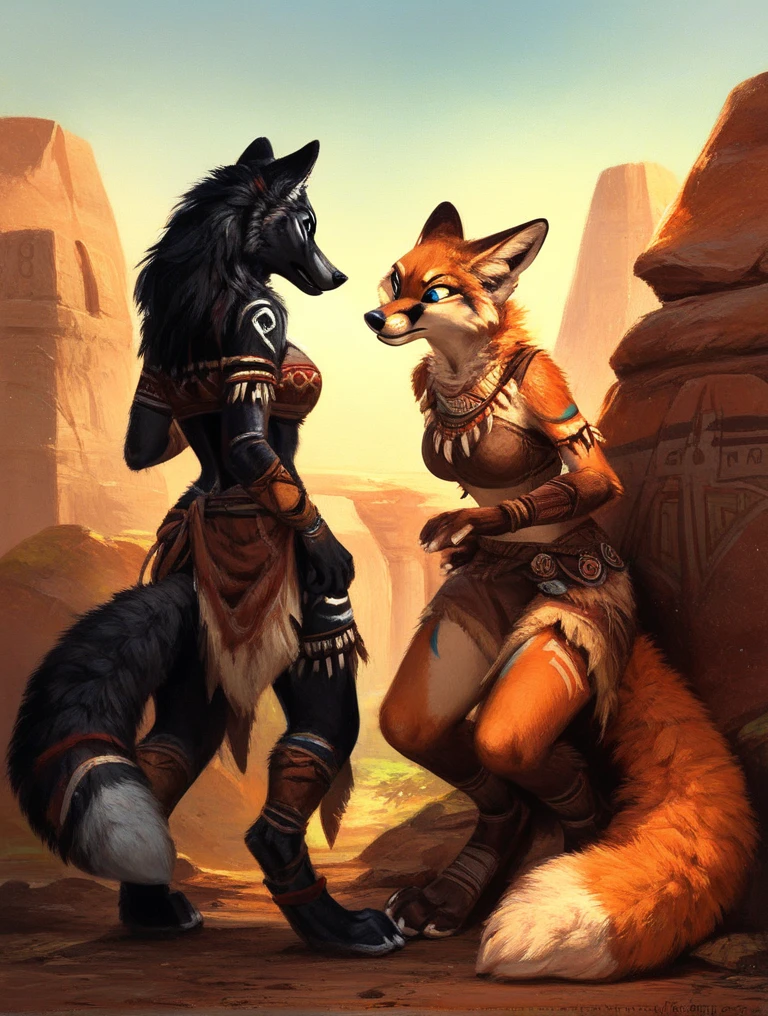 score_9, score_8_up, score_7_up, source_furry, rating_safe, by kenket, anthro, duo, female/female, wolf, disappointment, frustration, distress, fullbody portrait, silver toes, black feet, black body, blue eyes, fox, orange body, tribal
