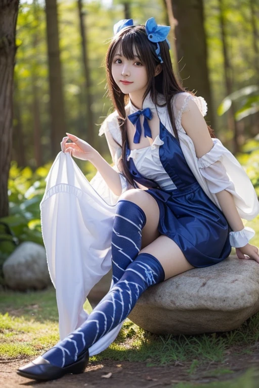  Cosplayer in purple and blue costume is sitting on a stone, anime girl cosplay, Japanese model cosplay  , Gorgeous cosplay, looking at camera、 Detailed Beautiful Eyes 、 cute smile、 a soft and gentle expression 、The background is a deep forest