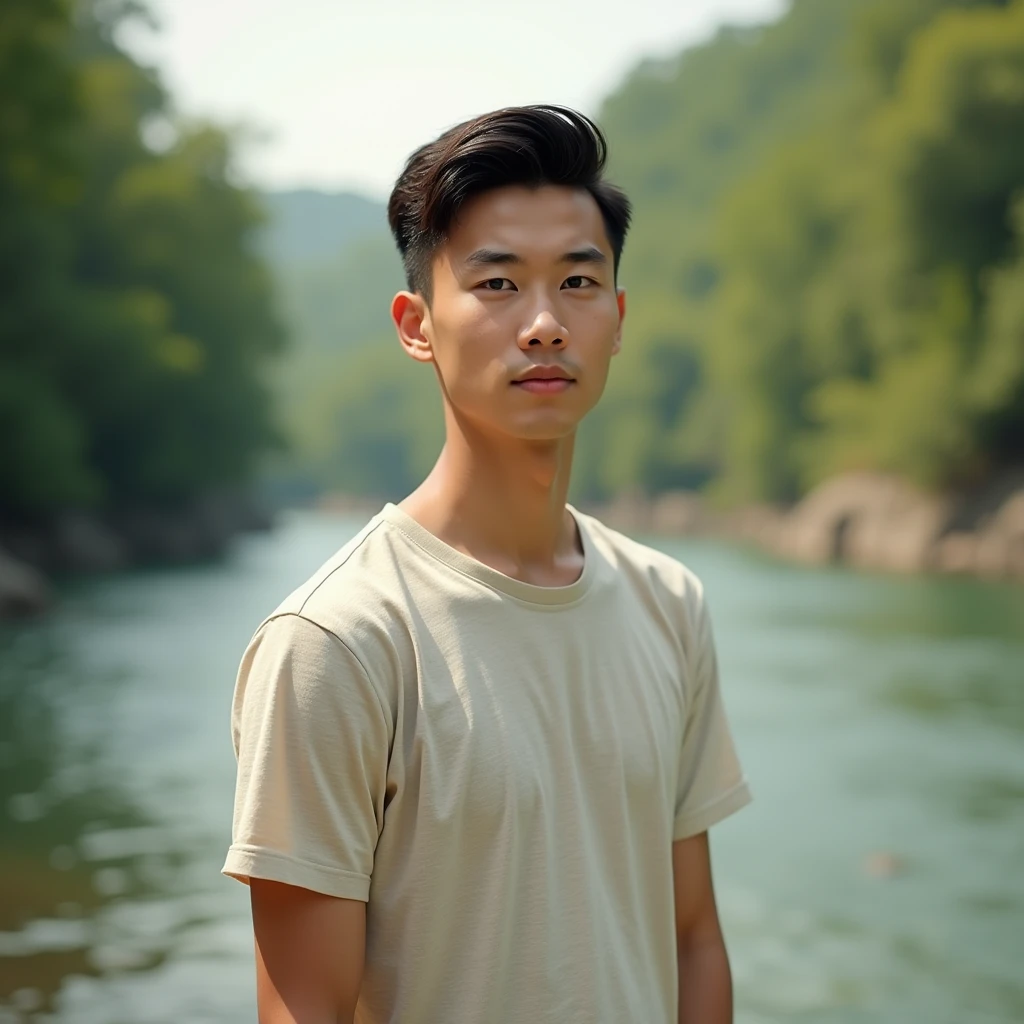 Young Vietnamese boy , about 20 years old, has beautiful eyes, high nose, short hair,  wearing a short-sleeved shirt, standing by the river 