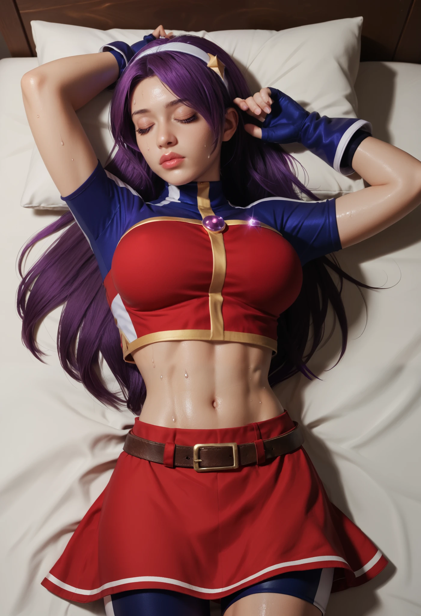 Masterpiece,best quality,ATHKOF2002, purple hair, long hair, purple eyes, white hairband, blue sleeves, pearl (gemstone), short sleeves, red top, belt, fingerless gloves, navel, red skirt, biker shorts, solo, light breeze, shiny skin,nsfw, on bed, from above, sleeping, pillow,cowboy shot, big lips, girl,18 yo,big eyes, relaxed facial expression, closed eyes, relaxed body, sweating,big breasts