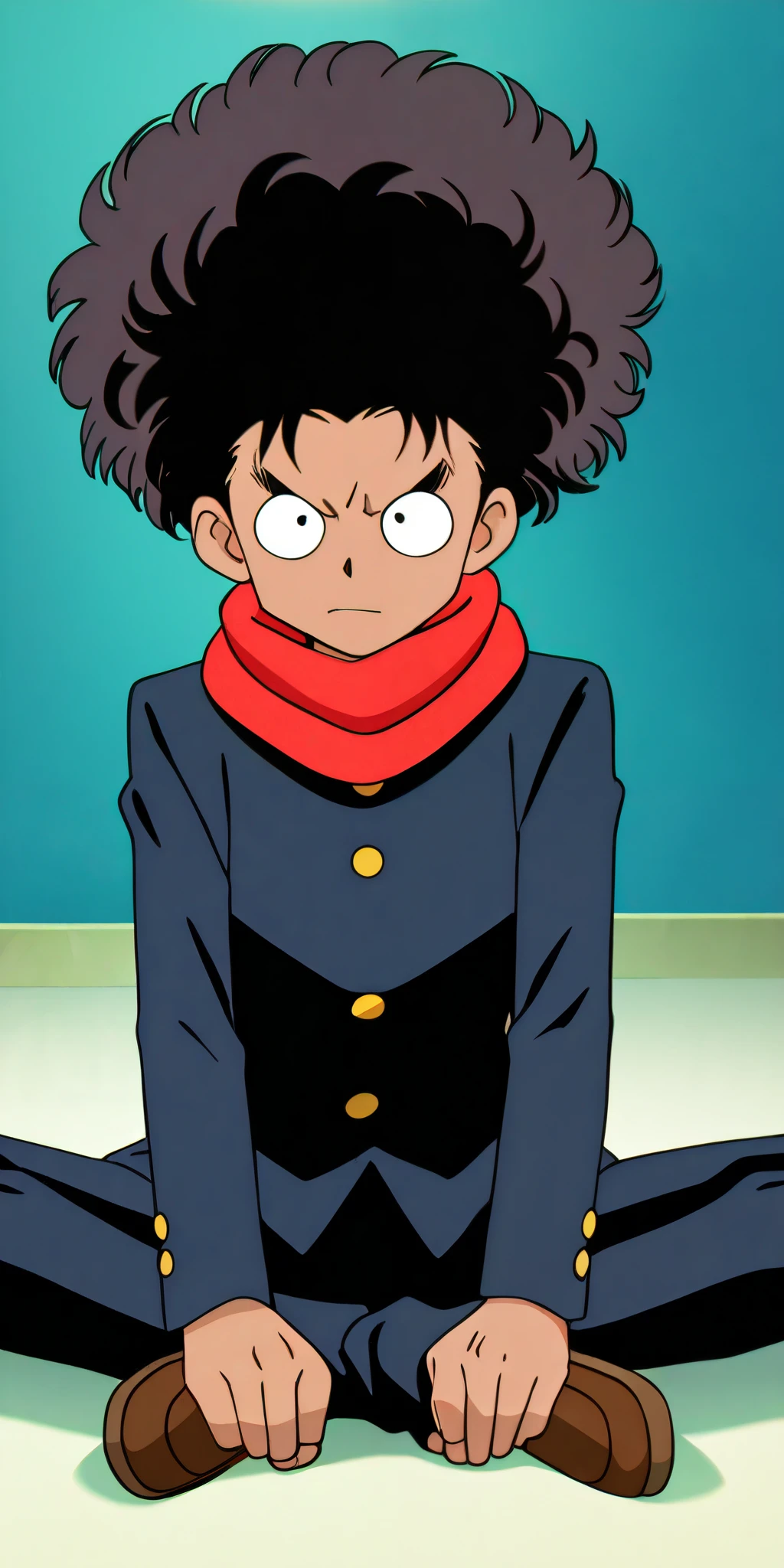 African Man drawn in 80’s anime art style. 
Retro anime. Vintage Anime. Classical Anime. 
Black HAIR
(Spikey Afro)
(Red Hair Scarf)
(Round and Circle eyes)
(Light Brown eyes)
(Medium Sized Arched Eyebrows)
(Dark Brown Skin Tone/Complexion)
(Medium Muscle Build)
Serious

He is wearing a gakuran (Japanese School uniform), also called the (tsume-eri). Gakuran is a common japanese style of school uniform worn by men, traditionally by high school male students in Japan.

(uniform is black)

The Gakuran top is a long-sleeved black shirt with a round or stand-up collar that buttons up and down.
The top of the Gakuran has a standing collar buttoning down from top-to-bottom.

Buttons are Gold.
(Shirt is Black)

Pants are straight leg.
(Pants are Black)

Males usually wear penny loafers or sneakers with this uniform.

He is visiting a High School.

(Solo)