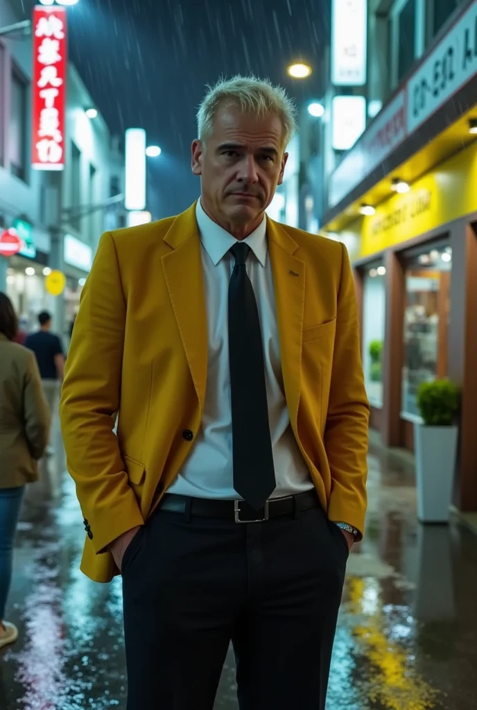 rico is an assassin disguised as a businessman in a yellow suit jacket, black slacks, black tie and white shirt with a gun on a rainy night in Tokyo