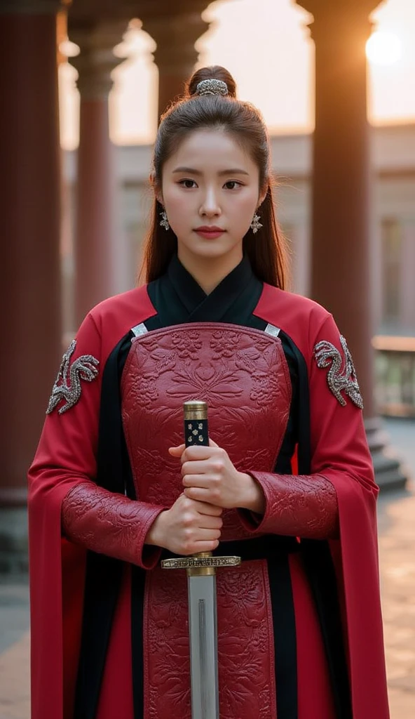 (Hold the  ancient Chinese Sword with both hands,  Ready  for battle,  looking at viewer, Front view, full body, ancient Chinese girl, name is Shin Sekyung, 2 century, looking at viewer, beautiful Chinese  Young General,  girl is 22-age, serious, (ears decoration earring), (middle breasts, middle hip), (ancient Chinese costume, Red decoration leather armor emboss armor of dragon ,  leather inner clothes,  put shoulder Red Cloak ),(ancient Chinese shoes),  stand on stone floor, on  Chinese Palace, sunset,  (masterpiece, highest quality, High resolution, Photo realistic, sharp, RAW Photos, wallpaper, perfection, Professional Lighting, Very detailed)