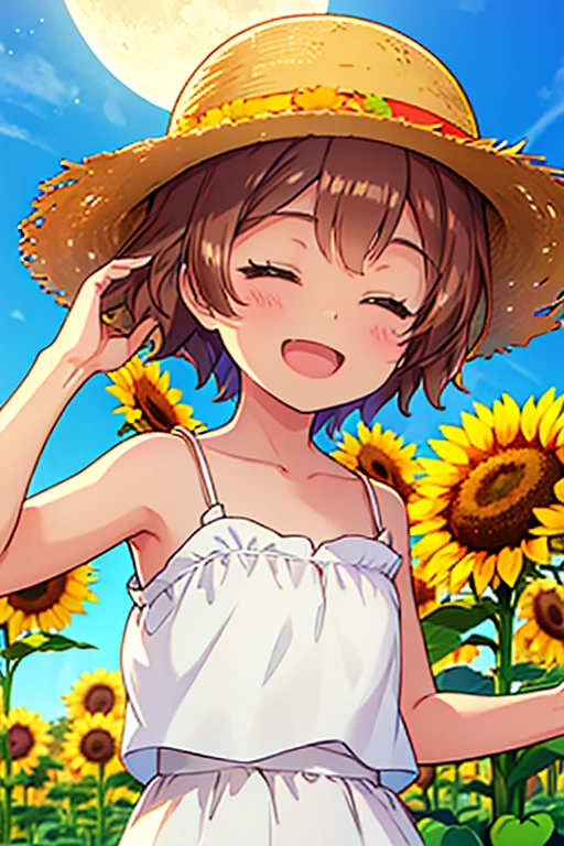  top quality , (masterpiece:1.2),  very detailed,noon, lens flare, One Girl , Alone, Brown Hair,  Shorthair, bangs, Straw Hat , white camisole, close both eyes,smile, moon, upper body,Sunflower field,  open your mouth,Holding a  moonflower