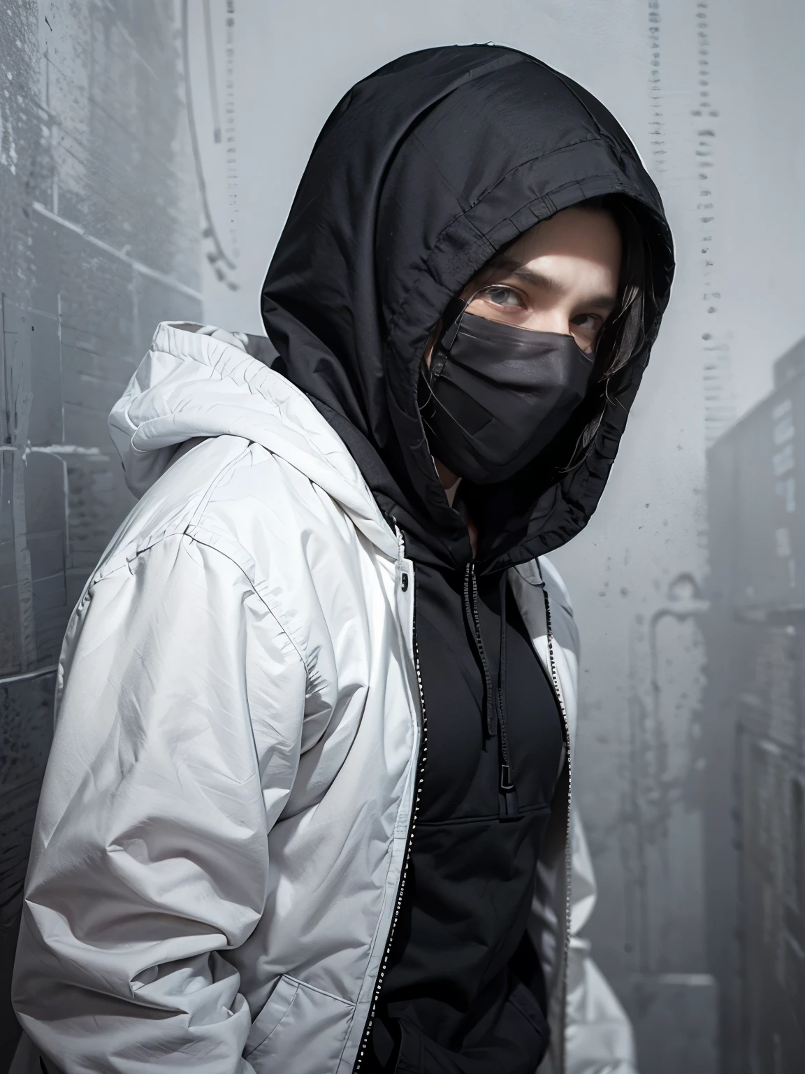 ((white background)) Photo of a young hacker wearing a black bajorka mask. from Indonesia, hoodie covering his head., Photo from the front. , Realistic photo.,  realistic photo (1 man) ((A scary and mysterious man)) , (holding a knife)