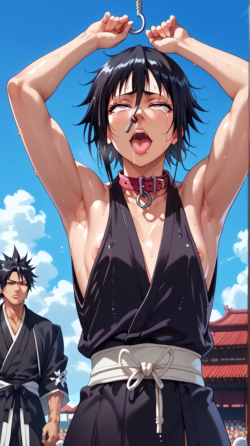 a picture, inspired by Kentaro Miura, trending on pixiv, soifon from bleach, black uniform, favorite scene, fine details, skins, sweating, small breasts, both hands raised, armpits, (small head),armpits visible, dripping with sweat, more more sweat, ((Japanese clothes)),open mouth,rolling eyes,muscle,kneel down,open legs,For the audience, (muscle:1.2),Looking at the audience, tired, (small breasts),sexy body,perfect body,(drooling), tears, head wet, runny nose, black hair, dog collar,transparent nose hook.