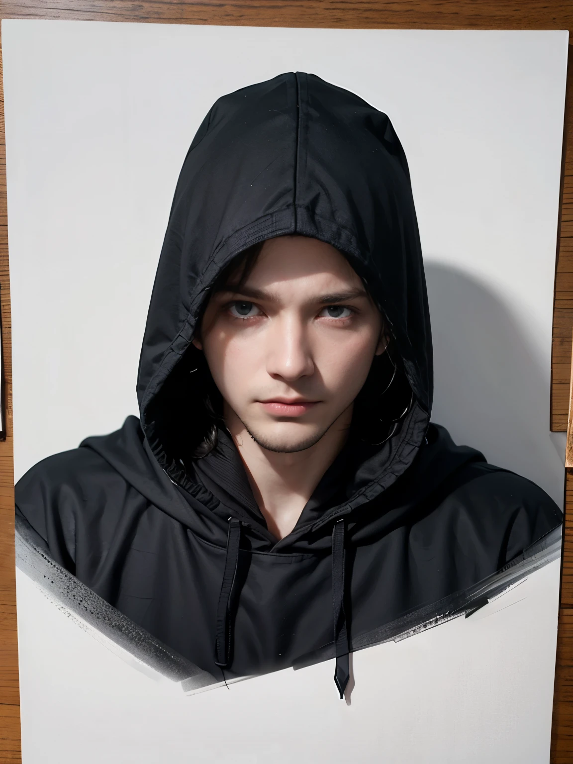 ((white background)) Photo of a young hacker wearing a black . from Indonesia, hoodie covering his head., Photo from the front. , Realistic photo.,  realistic photo (1 man) ((A scary and mysterious man)) , holding a knife