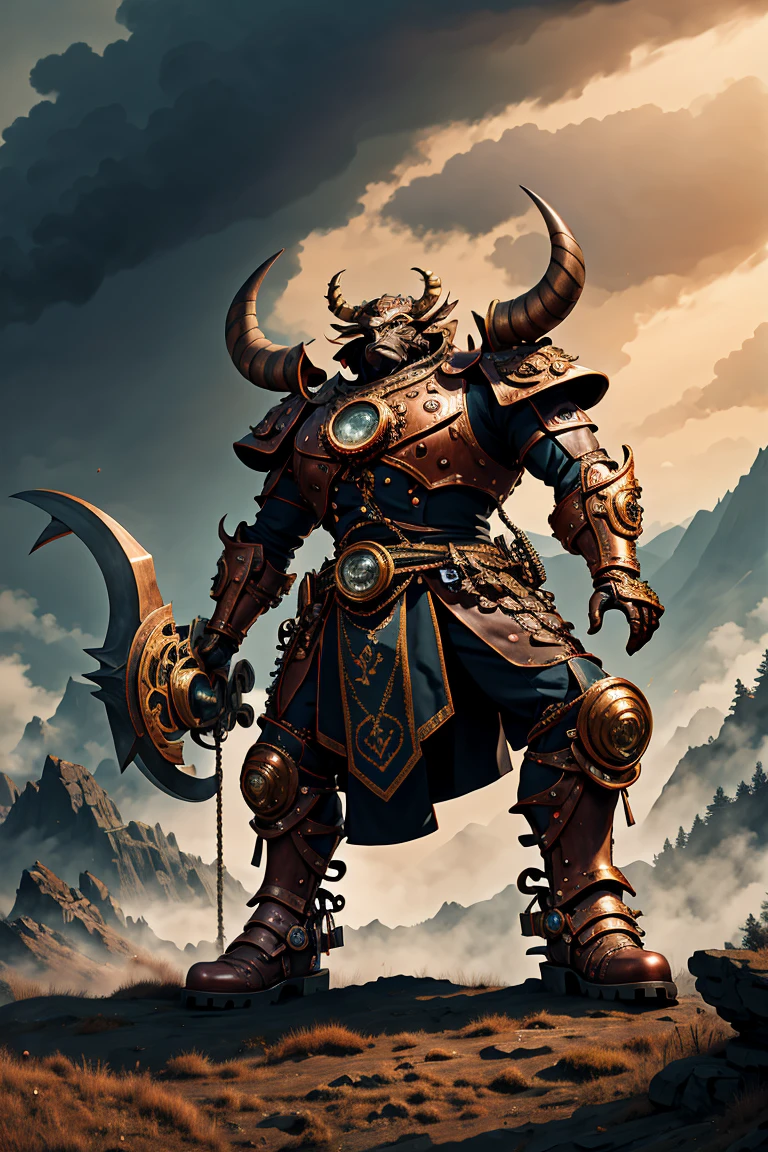  giant Taurean ， wearing tribal armor，Holding a giant axe，Red eyed ， background in the forest ，( best quality,  detailed background,  high resolution , Ridiculous,  exposed to light)
