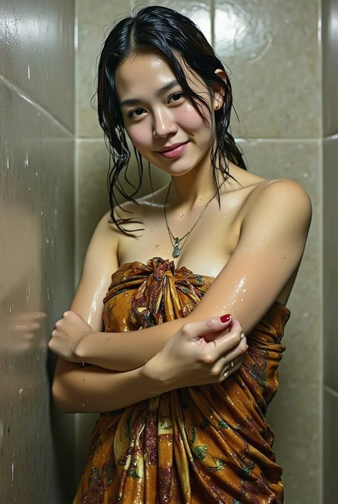 Pretty indonesian girl, wet hair, a bit chubby, wearing sarong, upper body, bathing under the shower,  selfie in the bathroom, Look at the viewer, wide angle full body shot,