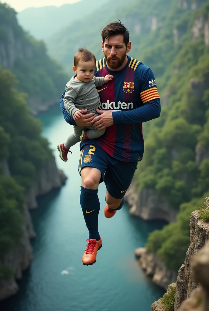 A boy wearing a Barcelona jersey visiting a large field,green and a mountain