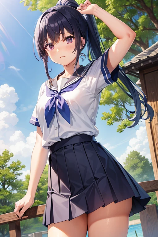 Minamimatsuura, Kanan Matsuura,  blue hair,  long hair,  ponytail, ( purple eyes:1.1), side lock, Blake Aqua neckerchief , grey sailor collar , グレーの skirt, ミニ skirt,  neckerchief , プリーツ skirt,  sailor color , セーラー shirt,  school uniform, Sera Clothing,  shirt,  skirt,  summer uniform , Uranohoshi Girls&#39; High School uniform, 白 shirt, a little wild、large full breasts、break looking at viewer, break (masterpiece:1.2),  top quality ,  high res,  Unity 8k Wallpaper , ( illustrations:0.8), ( beautiful detailed eyes:1.6),  detailed face ,  perfect lighting,  very detailed CG, (perfect hand,  Perfect Anatomy), open your mouth and laugh、( skirt lift:1.3), ( blue stripe 々 panties:1.3)、( skirt that rolls up:1.3)、(完全に露出した panties:1.5)、  wearing clothes  、Outdoors、