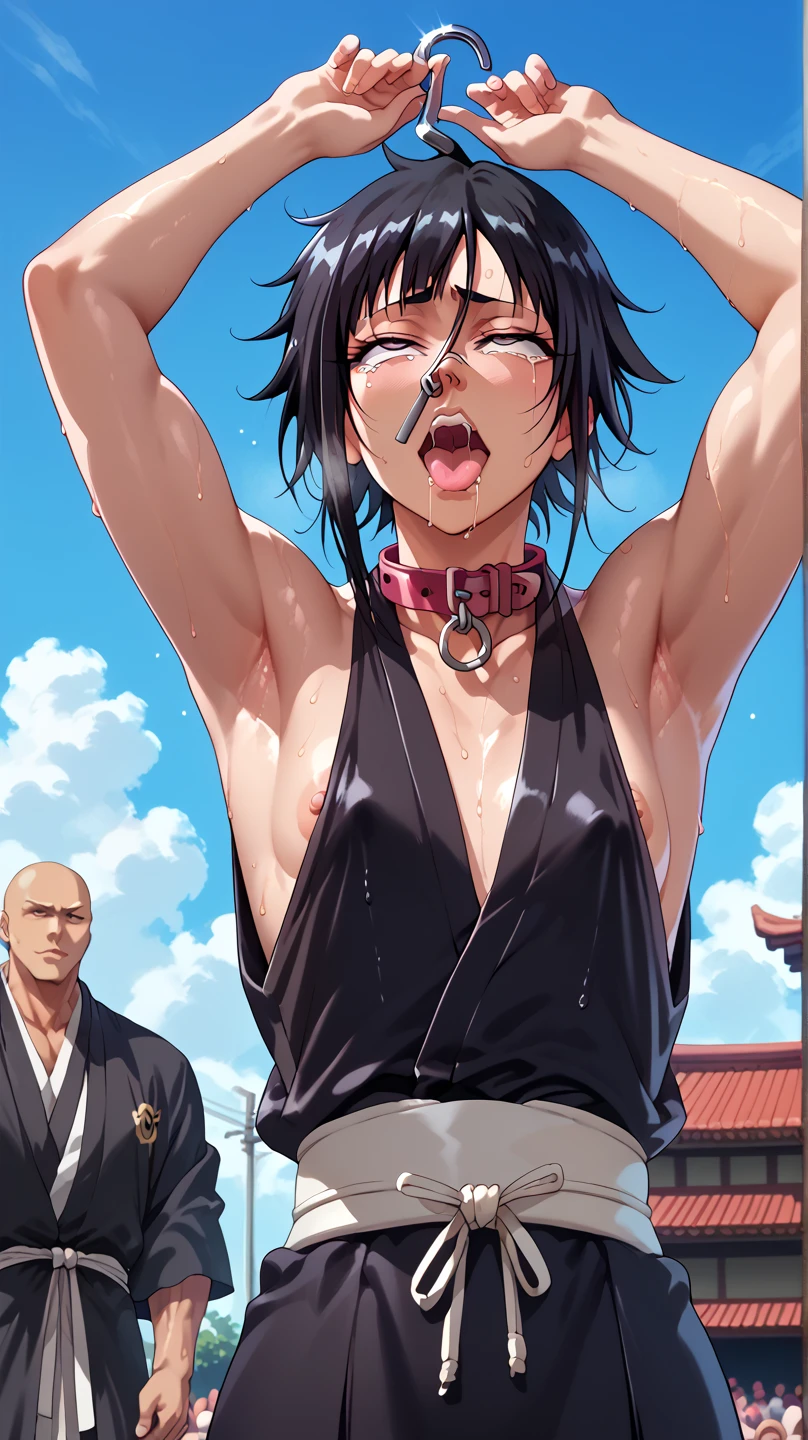 a picture, inspired by Kentaro Miura, trending on pixiv, soifon from bleach, black uniform, favorite scene, fine details, skins, sweating, small breasts, both hands raised, armpits, (small head),armpits visible, dripping with sweat, more more sweat, ((Japanese clothes)),open mouth,rolling eyes,muscle,kneel down,open legs,For the audience, (muscle:1.2),Looking at the audience, tired, (small breasts),sexy body,perfect body,(drooling), tears, head wet, runny nose, black hair, dog collar,transparent nose hook.