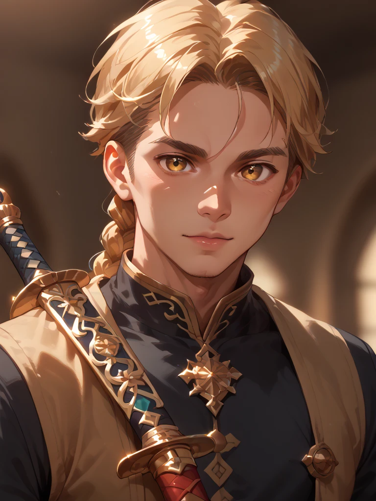  A 20-YEAR-OLD YOUNG MAN WITH BRAIDED BLOND HAIR, with golden eyes, USING A GOLDEN SWORD AND LARGE 