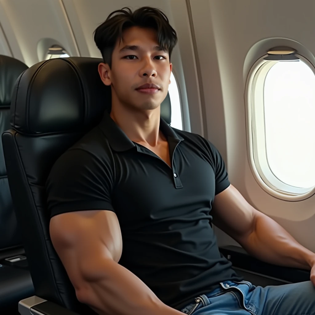 A handsome muscular Filipino man ,no shirt,wearing bikini  Men's underwear sitting on the toilet in a very small, cramped airplane bathroom, he is wearing an airline captains uniform and smoking a cigarette, there is an open newspaper resting on his legs, beer bottles are sitting on every surface including the narrow counter next to the sink, His right hand is holding a beer bottle.In the artistic style of Norman Rockwell.