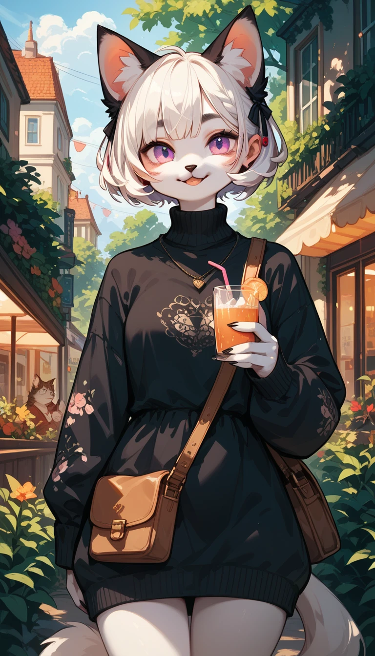 Wear a simple dress and a black sweater、 anthropomorphic white cat standing like a human wearing a simple dress and a black sweater