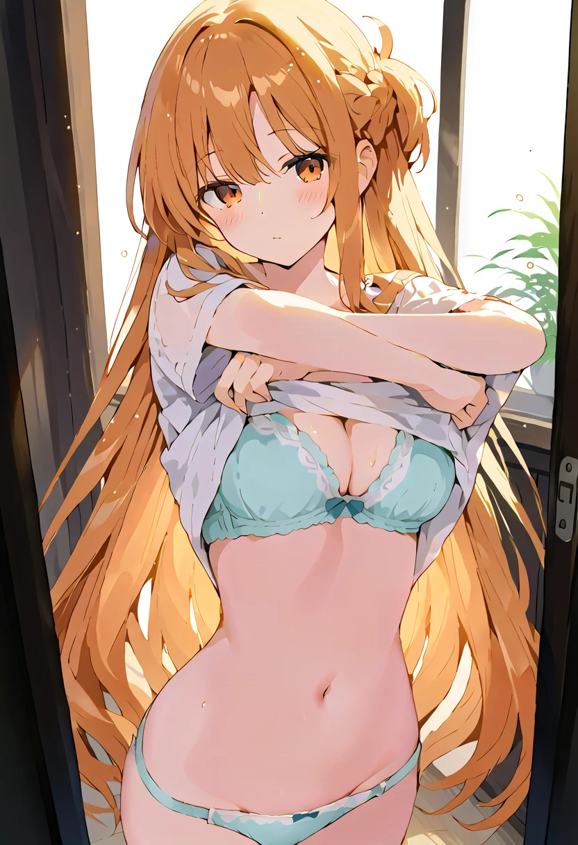 score_9, score_8_up, score_7_up, source_anime, best quality, masterpiece, official art, ultra-detailed,waifu2x, rating:general, break,(clear line illustration:1.2), super detailed skin,very high resolution, very aesthetic, Best sexual lighting powered by famous artist, 8k, 16k, cute picture,beauty illustration,photoshop_(medium),best anime 8k konachan wallpaper, pixiv contest winner,(Undressing shirt:1.5),asuna yuki,Navel exposed,(bra:1.5)