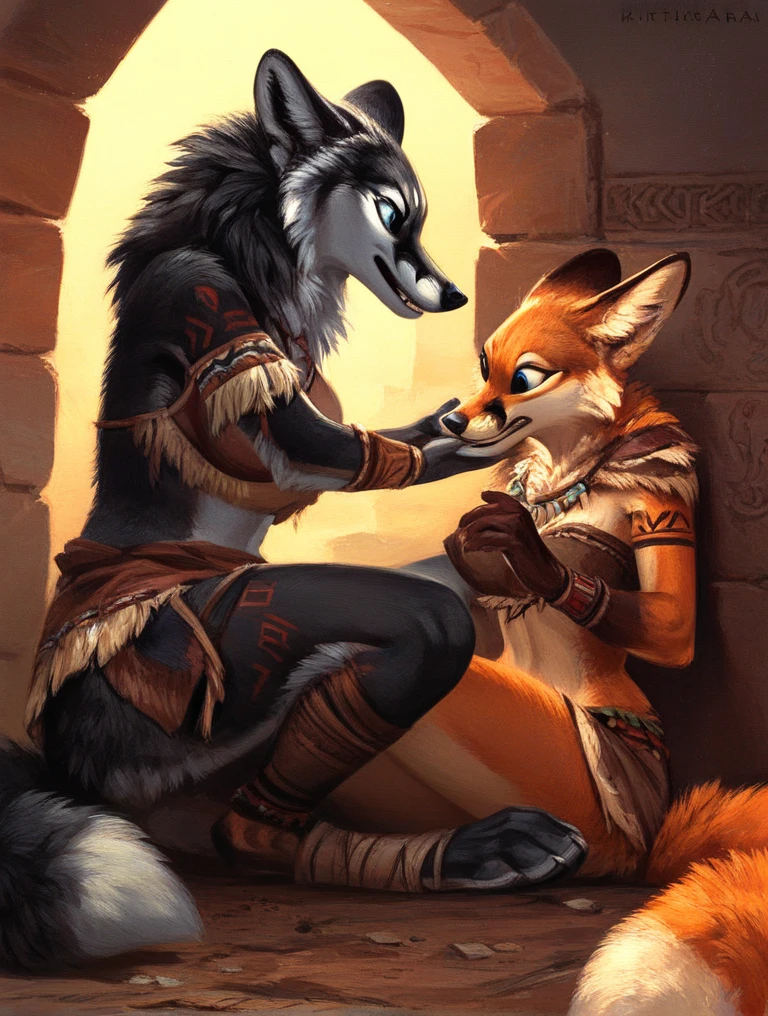 score_9, score_8_up, score_7_up, source_furry, rating_safe, by kenket, anthro, duo, female/female, wolf, disappointment, frustration, distress, fullbody portrait, silver toes, black feet, black body, blue eyes, fox, orange body, tribal
