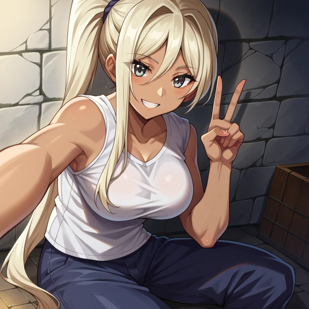 score_9, score_8_front, score_7_front, White Background 
kuroinuchloe, chloe, long hair, blonde hair, dark skin, dark-skinned female, Gray eyes, hair up, front angle, sleeveless t-shirt
White_t-shirt, bewitching thighs, baggy pants
indoors, dungeon, growing breast, sit wall
looking at viewer, cowboy shot, dutch angle, solo, smile, greeting the viewer, victory greeting