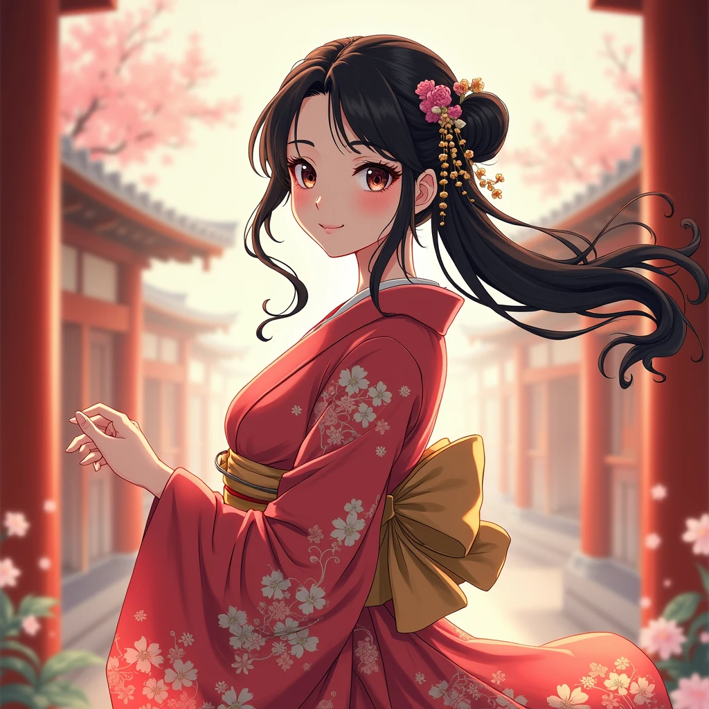 A woman wearing a Japanesekimono、 black hair, bun hair, Japan、Hairpin、 smiles, standing、カラフル, アニメ風,