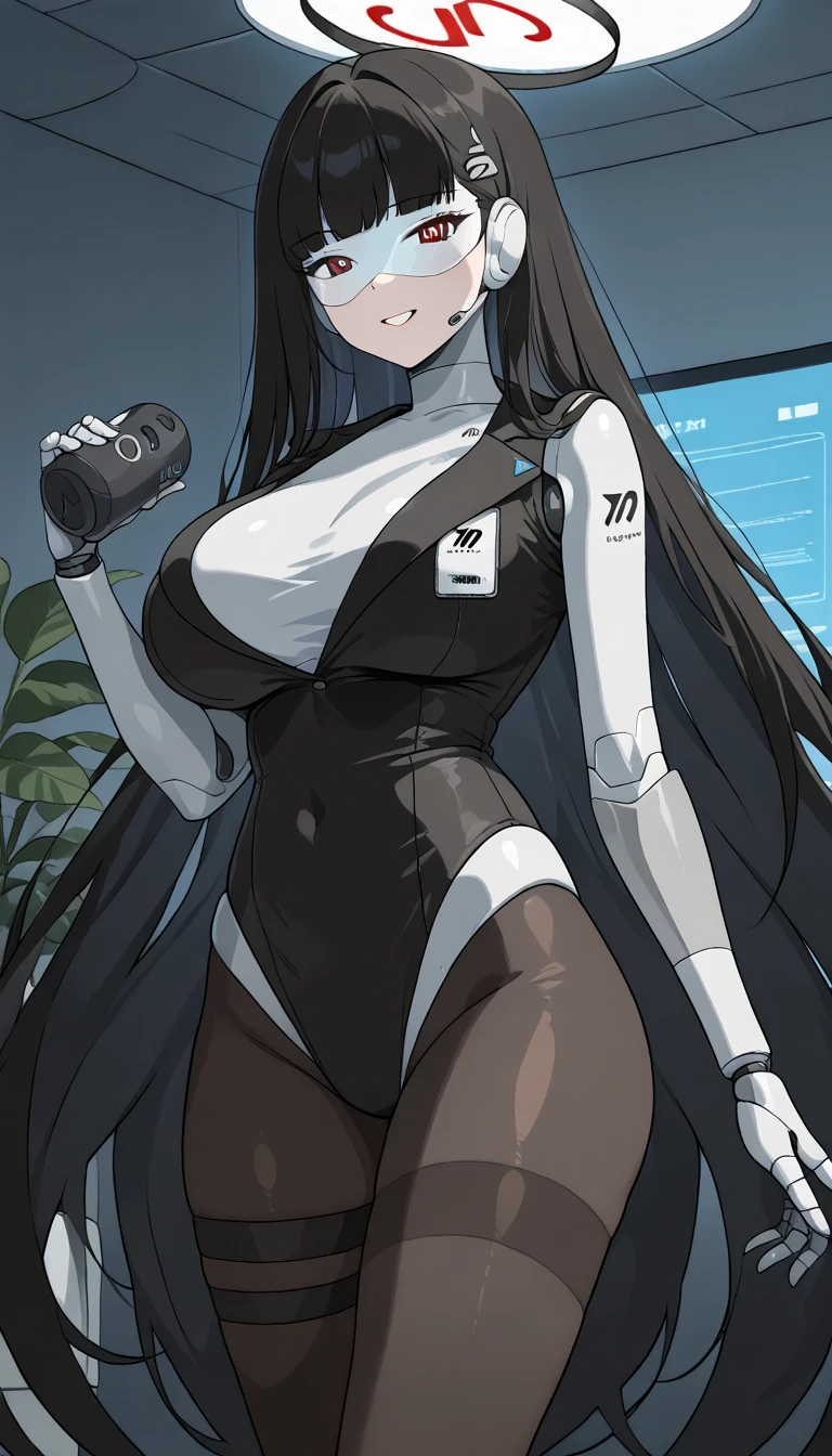 masterpiece, best quality, extremely detailed, (8K, 4K, Best Quality, hight resolution, 超A high resolution:1.1), ,8k portrait, Japaese android Girl,Plump , dark black leg cover,announcer,control panels,android,Droid,Mechanical Hand, Robot arms and legs, Black Robot Parts,Black long hair,Mechanical body,Blunt bangs,perfect mechanical abdomen,White robotics parts,perfect robot woman,future laboratory,cyber pank,charging spot,laboratory,long tube,thick cable connected her neck,white ceramic body ,perfect mechanical body, white robot body,lod antenna,mechanical ear cover,android,robot humanoid,black sponge joints,The removable cover is in the groin,The connection port is in the groin,opened chest panel,access panel on the chest,opened breast panel,perfect mechanical breast,perfect black machine body,perfect black android body,She has repaired,assembly plant,dark black tights,dark black leggings,smile,no human skin,visor,mistyrobot,rio(blue archive),dress