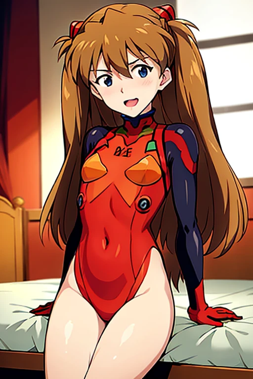 (( top quality )), ((masterpiece)), (be familiar with),  perfect face, indoor, bedroom,  Watching Viewers ,
One woman,  Soryu Asuka Langley,
 open mouth,  ecstatic expression beside the piano, blush, smile,
 small tits,  flat chest, Young girl, Lori,  s,  girl,
 long hair,  twin tails,
Leg spread,