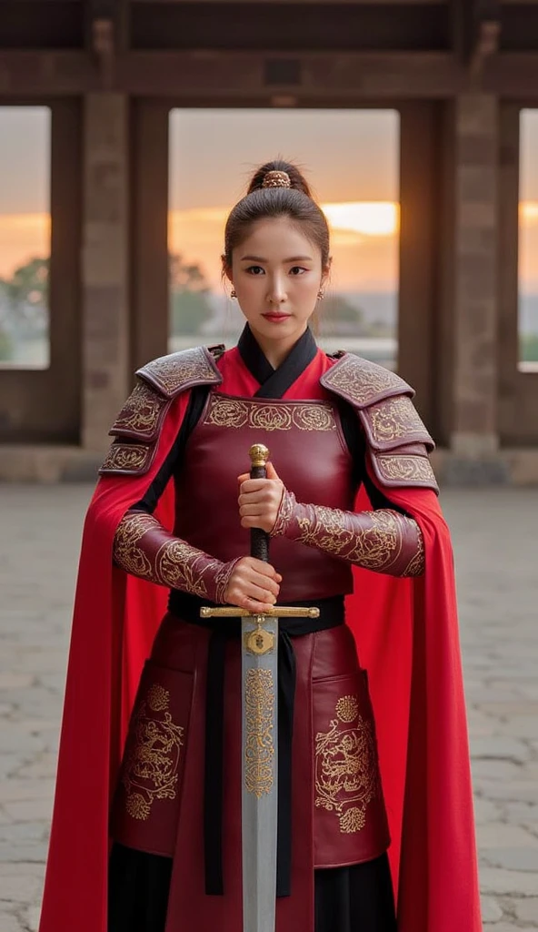 (Hold the  ancient Chinese Sword with both hands,  Ready  for battle,  looking at camera, Front view, full body, ancient Chinese girl, name is Shin Sekyung, 2 century, looking at viewer, beautiful Chinese  Young General,  girl is 22-age, serious, (ears decoration earring), (middle breasts, middle hip), (ancient Chinese costume, Red decoration leather protect armor with emboss of gold dragon, ( decoration emboss body protect armor, shoulder protect armor, wrist protect armor) ,  leather inner clothes,  put shoulder Red Cloak ),(ancient Chinese shoes),  stand on stone floor, on  Chinese Palace, sunset,  (masterpiece, highest quality, High resolution, Photo realistic, sharp, RAW Photos, wallpaper, perfection, Professional Lighting, Very detailed)