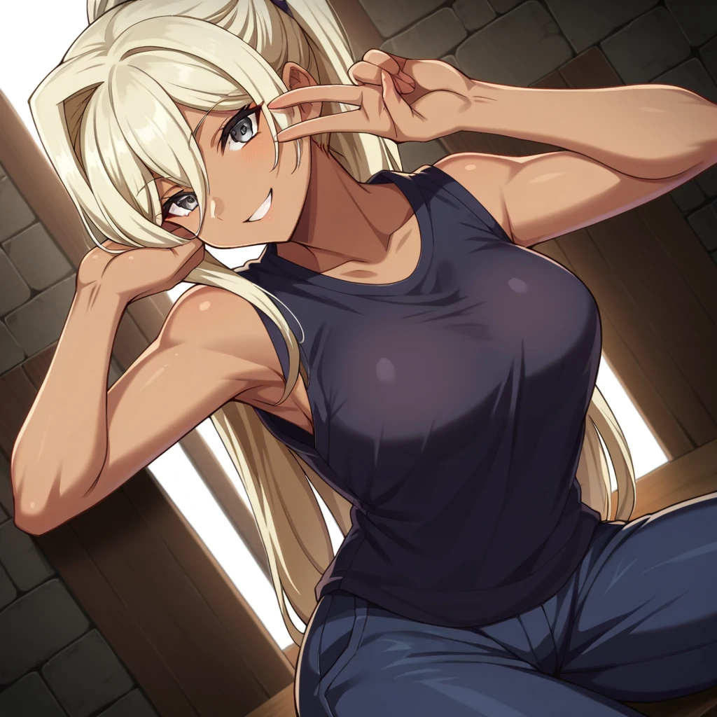 score_9, score_8_front, score_7_front, White Background 
kuroinuchloe, chloe, long hair, blonde hair, dark skin, dark-skinned female, Gray eyes, hair up, front angle, sleeveless t-shirt, two-tone hair, black and blonde
White_t-shirt, bewitching thighs, baggy pants
indoors, dungeon, growing breast, sit wall
looking at viewer, cowboy shot, dutch angle, solo, smile, greeting the viewer, victory greeting