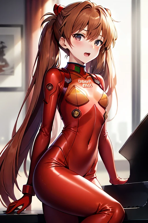 (( top quality )), ((masterpiece)), (be familiar with),  perfect face, indoor, bedroom,  Watching Viewers ,
One woman,  Soryu Asuka Langley,
 open mouth,  ecstatic expression beside the piano, blush, smile,
 small tits,  flat chest, Young girl, Lori,  s,  girl,
 long hair,  twin tails,
Leg spread,