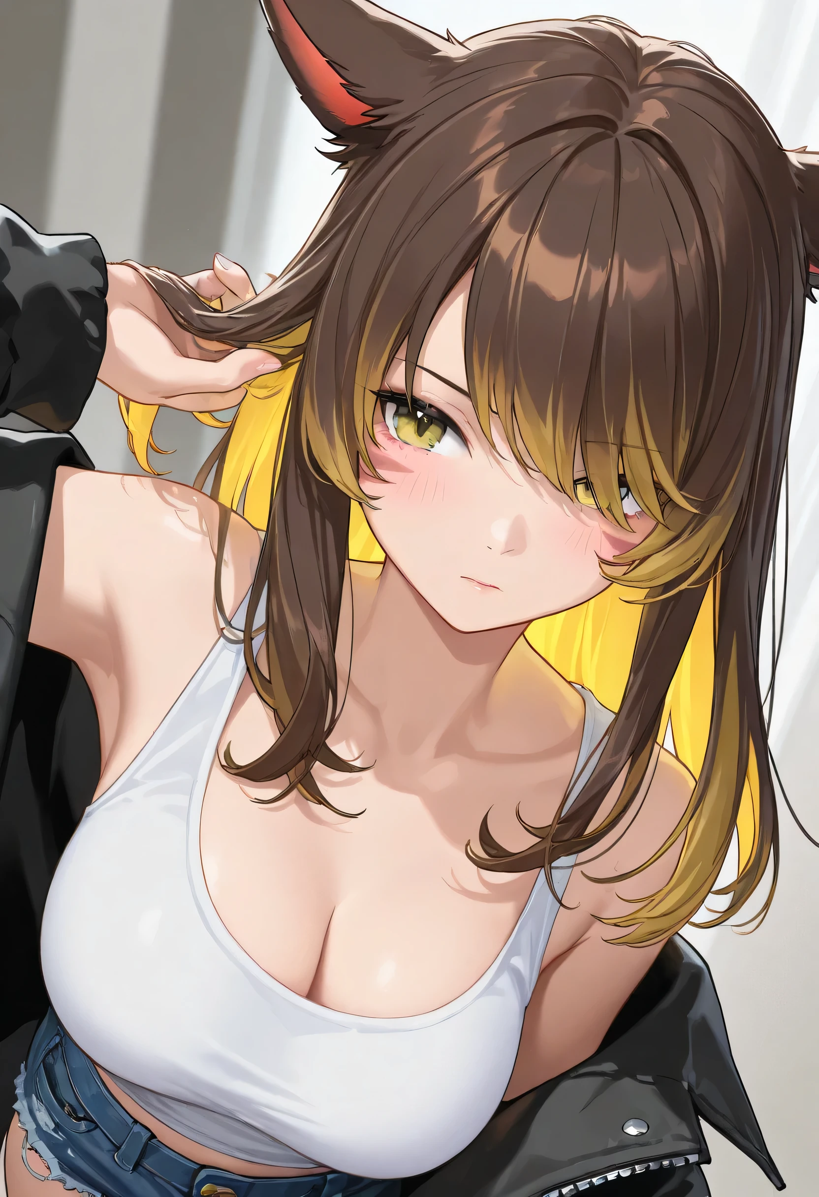 masterpiece,1girl, colored inner hair Brown hair Yellow hair , inner tank top, jacket ,Hair on one eye, Long hair tips, Miqo'te, damage short denim 