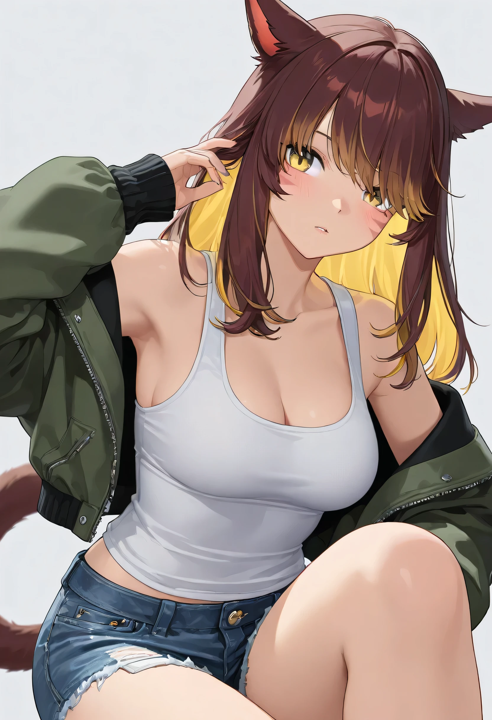 masterpiece,1girl, colored inner hair Brown hair Yellow hair , inner tank top, jacket ,Hair on one eye, Long hair tips, Miqo'te, damage short denim 