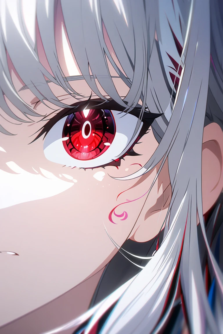 masterpiece,  top quality ,  High Definition CG Unity 8K Wallpaper , , super beautiful graphic design , One Girl ,  Anime Screenshot 、 depth of field , , Ultra Detailed, Silver Hair,  red eyes, long hair,erotic, Astonishing Eye, very small breasts, has a young face,Open clothing, unkempt hair ,The chest is slightly flabby