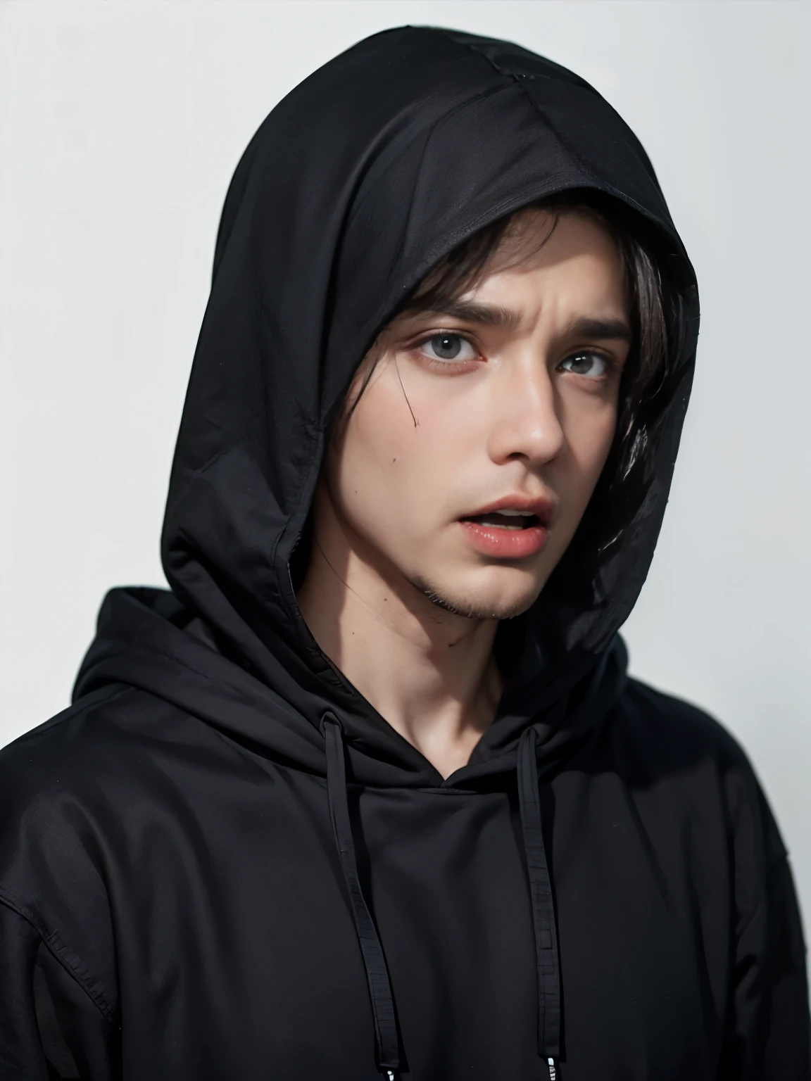 ((white background)) Photo of a young hacker wearing a black . from Indonesia, hoodie covering his head.. ,   realistic photo (1 man) ((A scary and mysterious man)) , ((Shouting in fear:1.4)) ((black hoodie)) scream