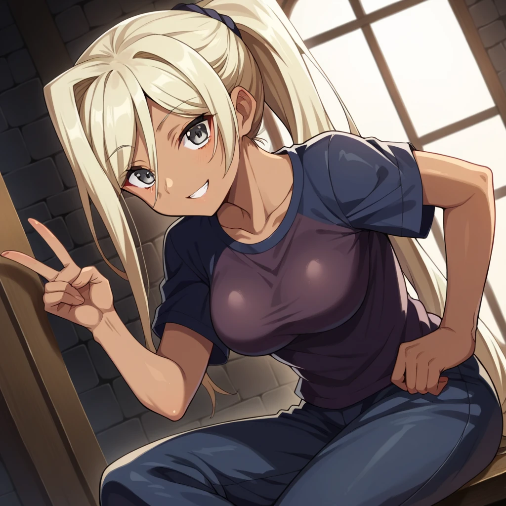 score_9, score_8_front, score_7_front, White Background 
kuroinuchloe, chloe, long hair, blonde hair, dark skin, dark-skinned female, Gray eyes, hair up, front angle, sleeveless t-shirt, two-tone hair, black and blonde
White_t-shirt, bewitching thighs, baggy pants
indoors, dungeon, growing breast, sit wall
looking at viewer, cowboy shot, dutch angle, solo, smile, greeting the viewer, victory greeting