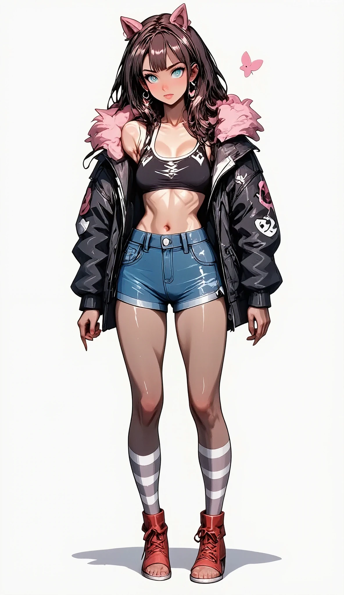 20 years,1 mature woman, hyperrealistic, 8K, ( extremely detailed crotch 8K ), ( very delicate and beautiful ), ( masterpiece), ( better quality:1.0), (ultra alta resolución:1.0), ( masterpiece, better quality),beautiful, black hair, cowboy shot ,white background,realistic look,Crop top, denim shorts , striped knee length socks,Model posing, big breasts,Excited,pink nail , dark skin