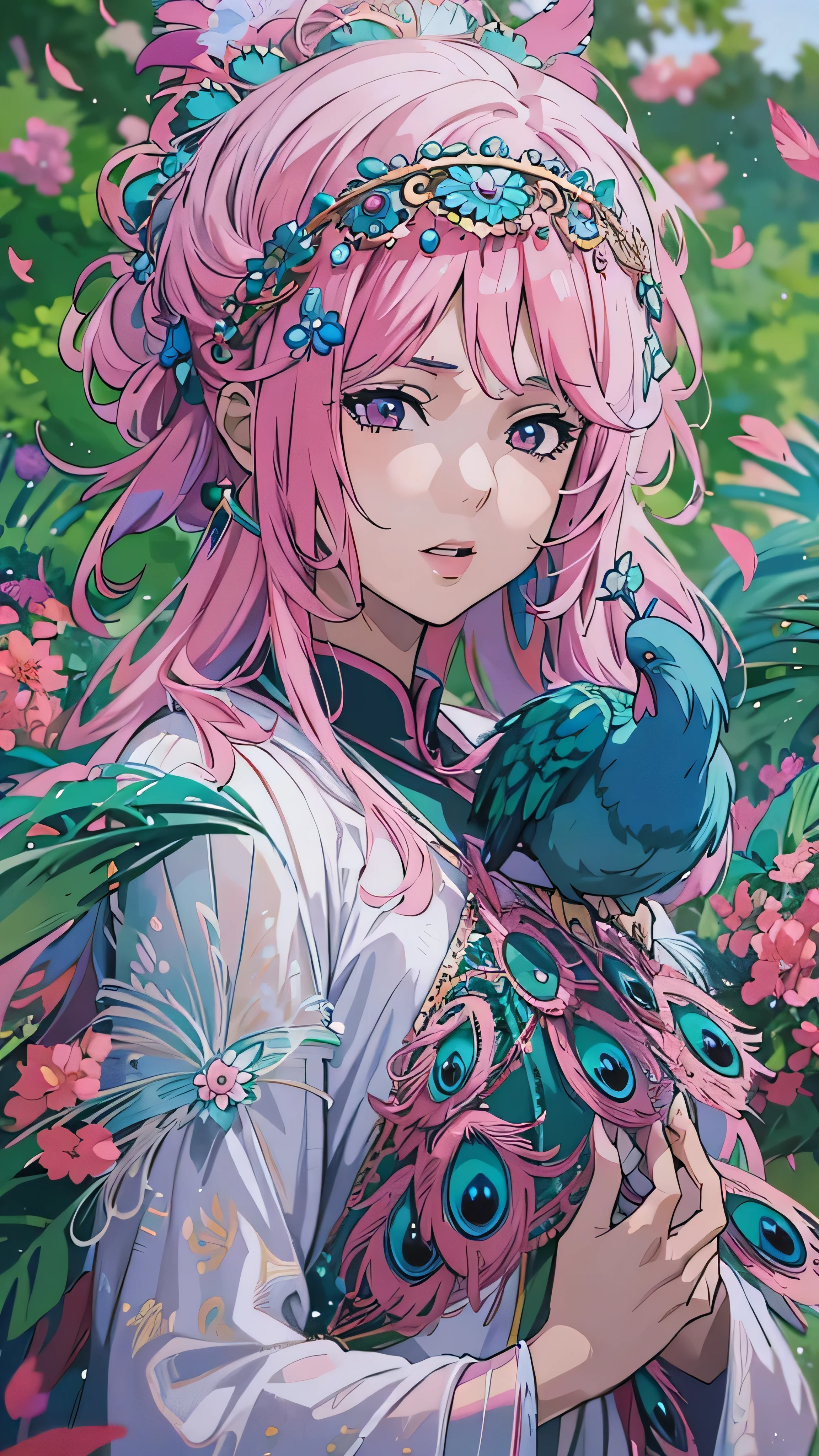 Girl with blue and pink hair and peacock feathers,  anime style .8k,  anime style  3D, Popular on cgstation, 8k high quality detail art,  Gouvez style artwork, Fantasy art style,  realistic anime 3d style ,  anime inspiration ,  anime style  mixed with Fujifilm