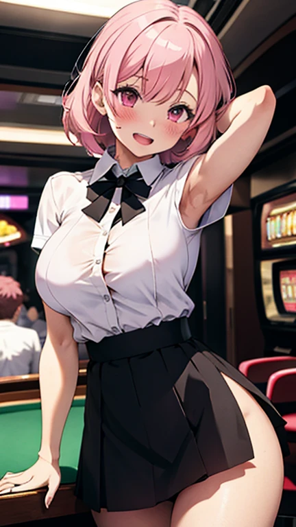 NSFW,masterpiece,Highest quality,High resolution,Very detailed,Madoka Higuchi\(The Idolmaster Shiny Colors\),short hair、Brown Hair、Purple Eyes、hairpin,(Clear Vinyl Playboy Bunny),See-through,tray,Condom box,Adult goods,Lustful face,Embarrassed,blush,casino,(Middle-aged men),Molester,(sexual harassment),Body touch