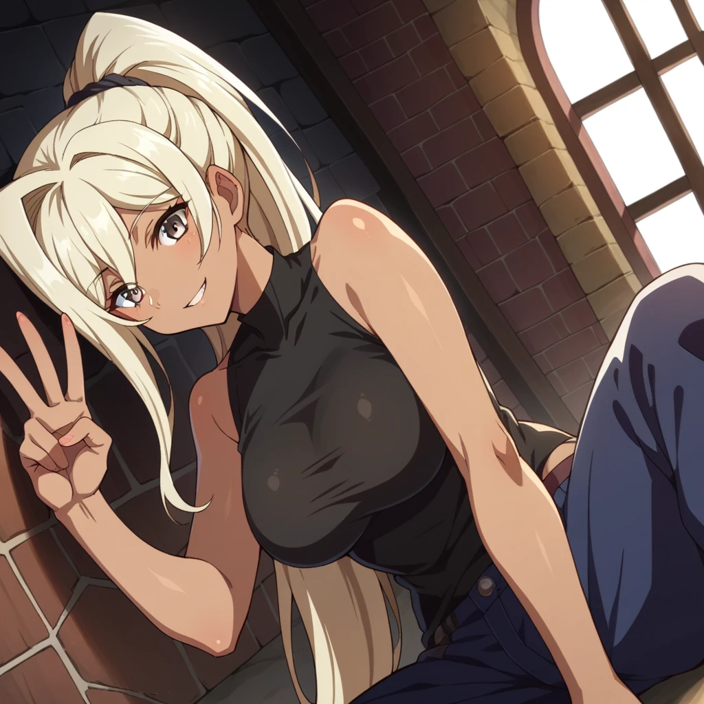 score_9, score_8_front, score_7_front, White Background 
kuroinuchloe, chloe, long hair, blonde hair, dark skin, dark-skinned female, Gray eyes, hair up, front angle, sleeveless t-shirt, two-tone hair, black and blonde
White_t-shirt, bewitching thighs, baggy pants
indoors, dungeon, growing breast, sit wall
looking at viewer, cowboy shot, dutch angle, solo, smile, greeting the viewer, victory greeting