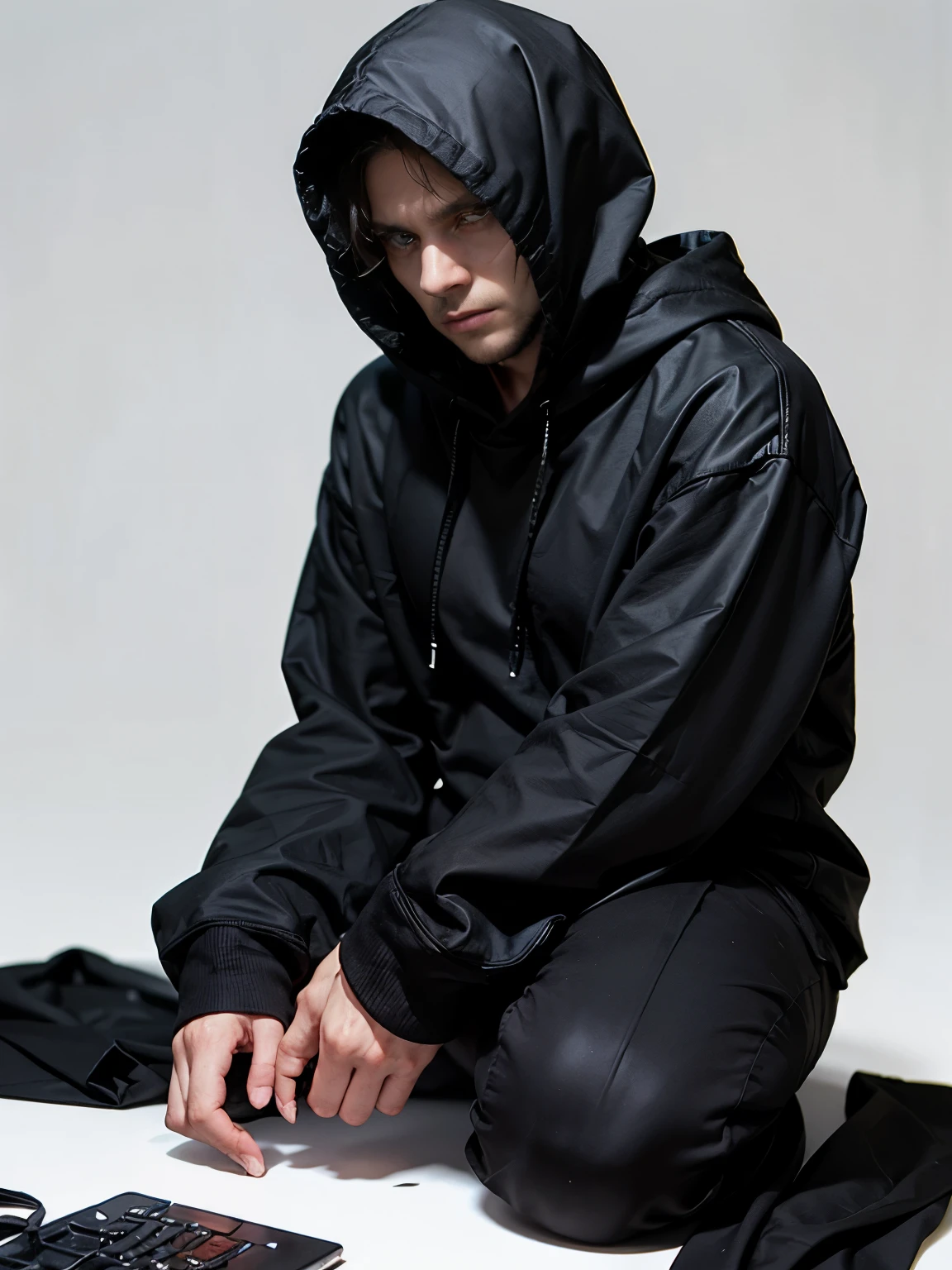 ((white background)) Photo of a young hacker wearing a black . from Indonesia, hoodie covering his head.. ,   realistic photo (1 man) ((A scary and mysterious man)) , ((afraid:1.4)) ((black hoodie)) (Kneel down and bow your head.)