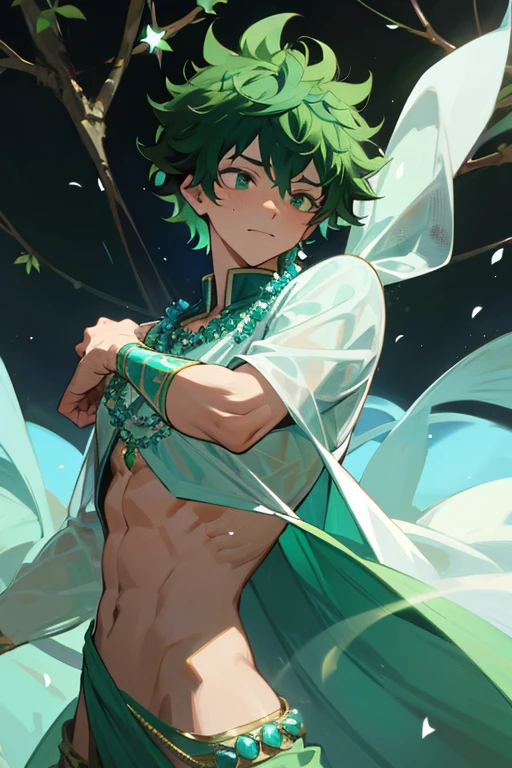 best quality, expressive eyes, perfect face, male, young man, femboy, flat chest, fantasy, lingerie, lewd, facing the viewer, fairy, fantasy background, fairy lingerie, green eyes, green hair, short hair, green lingerie, nipples, water dripping on the body